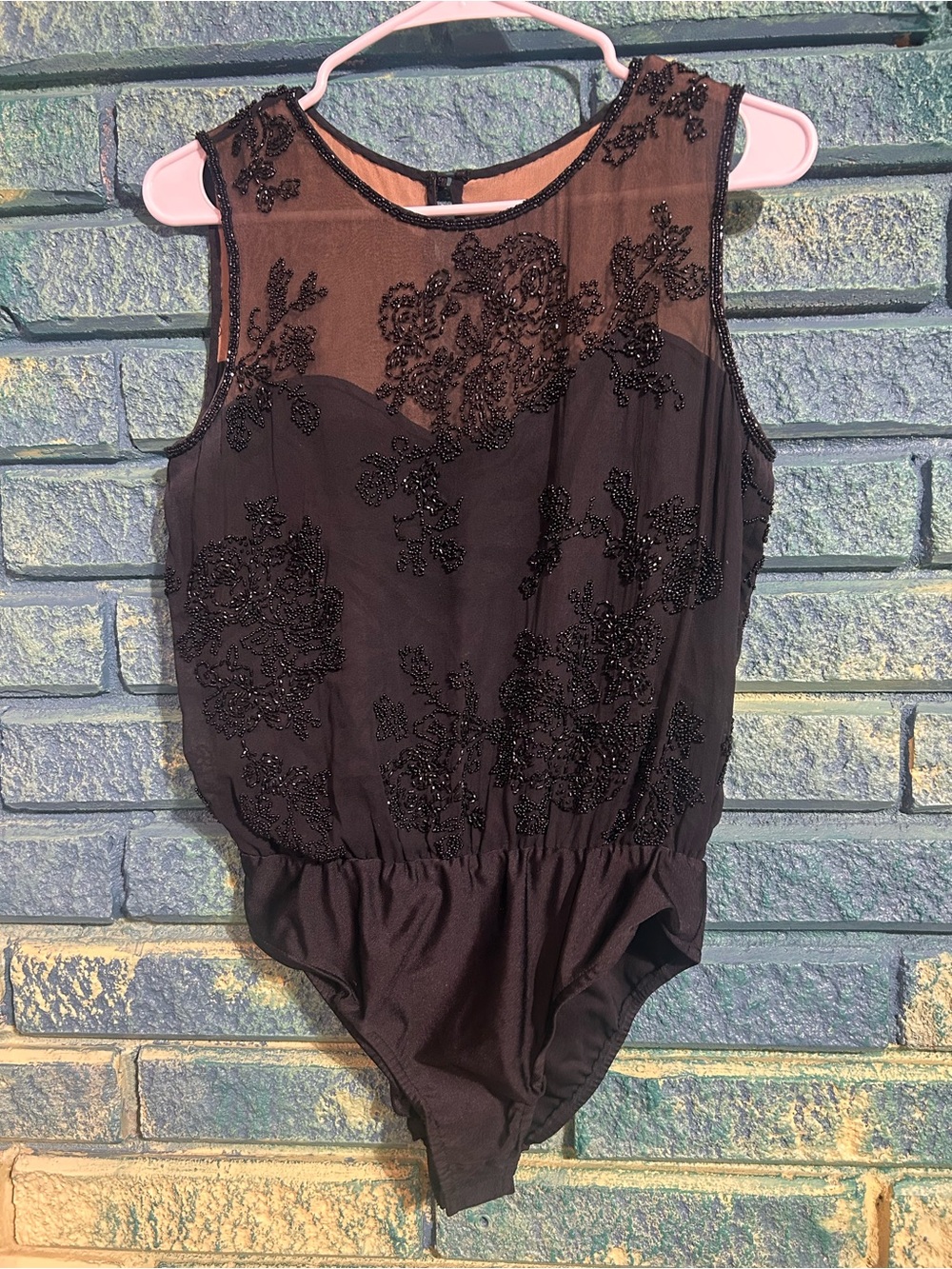 Oleg Cassini silk beaded black bodysuit women’s small